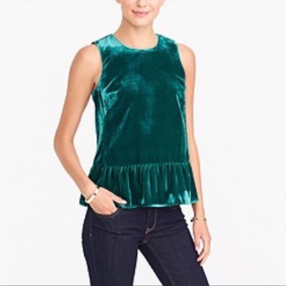 J. Crew Teal Velvet Ruffle-Hem Sleeveless Top